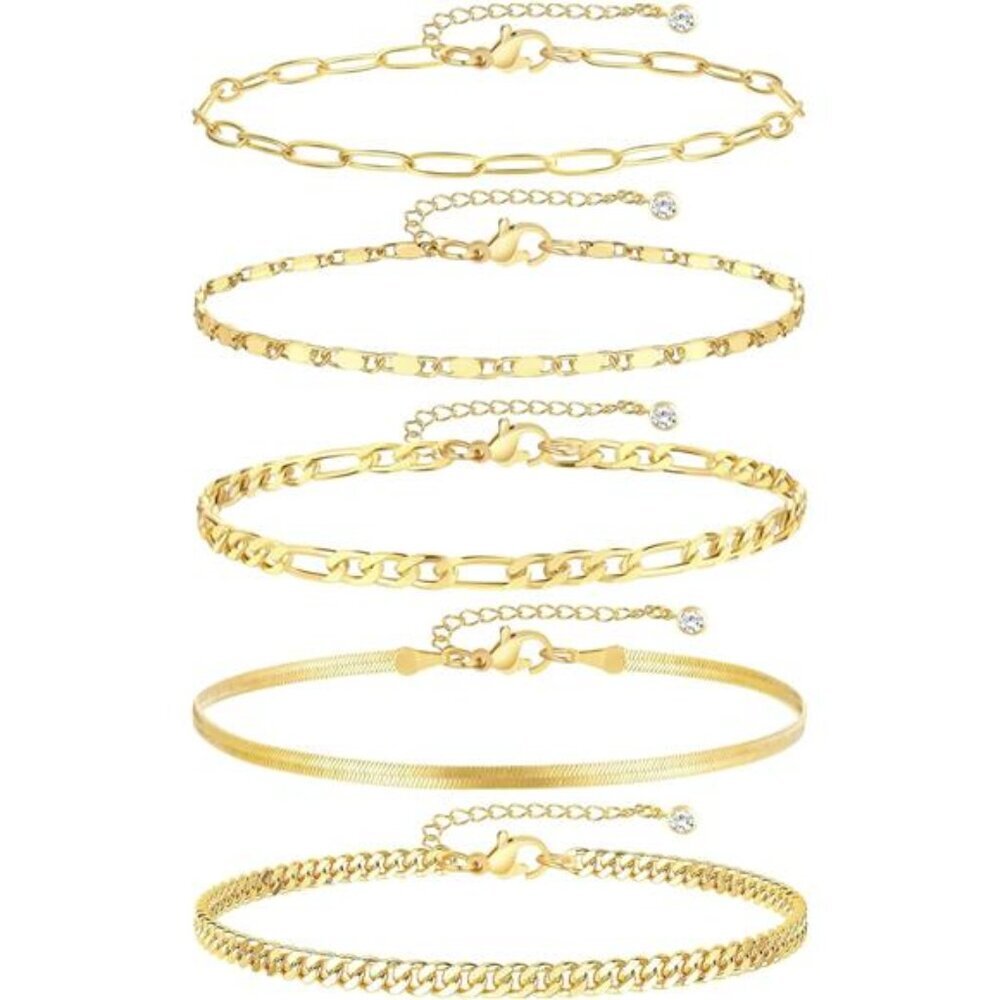 Gold Anklet Set for Women Waterproof Layered Cuban Chain Adjustable Jewelry